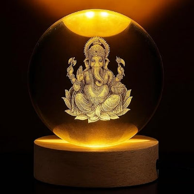 Ganesh Ji 3D Crystal Ball LED Night Lamp – Wooden Base