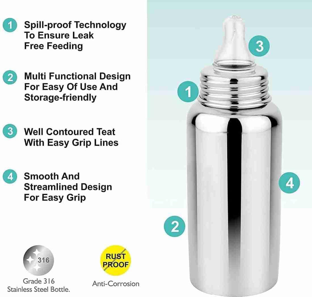 Stainless Steel Baby Feeding Bottle with Silicone Nipple